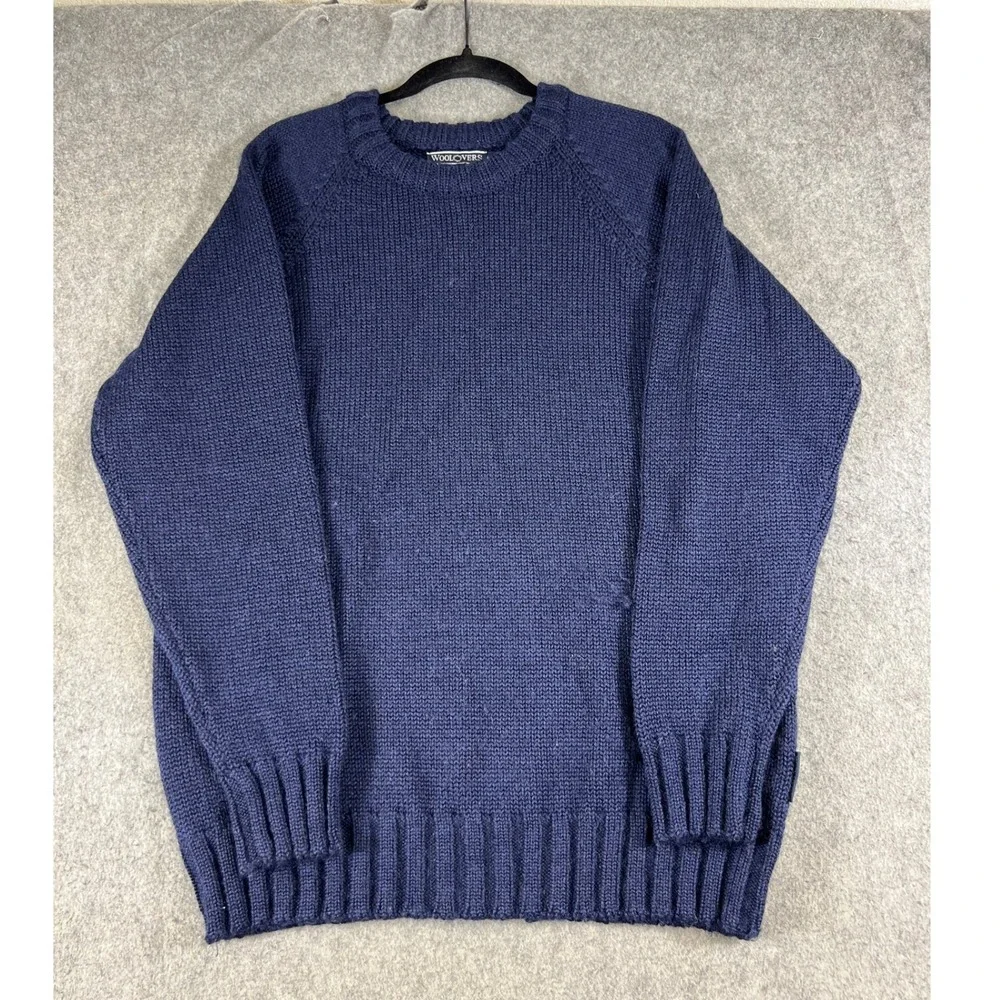WoolOvers Sweater Mens Large Blue British Wool Chunky Knit Pullover Minimalist